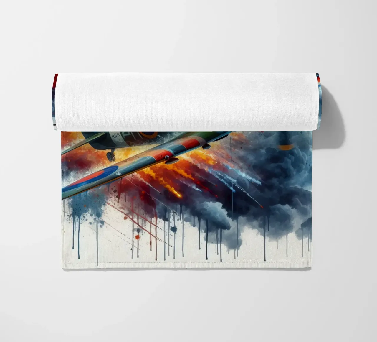 Spitfire a tutta velocità disegnato ad acquerello con schizzi telo mare da ARTVI-SHOP