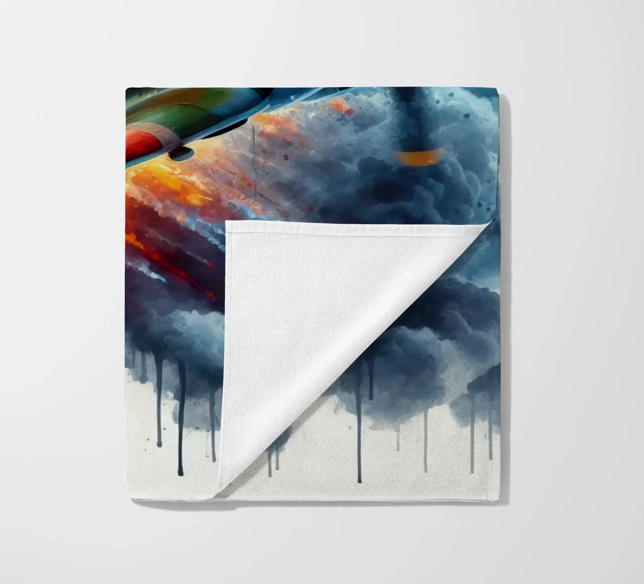 Spitfire at full speed drawn in watercolor with splashes beach towel by ARTVI-SHOP