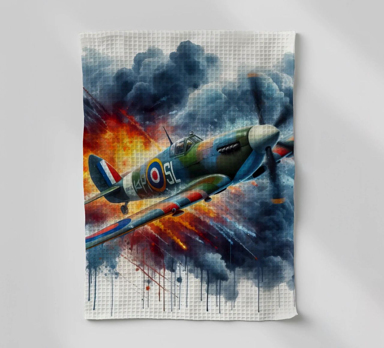 Spitfire at full speed drawn in watercolor with splashes tea towel by ARTVI-SHOP