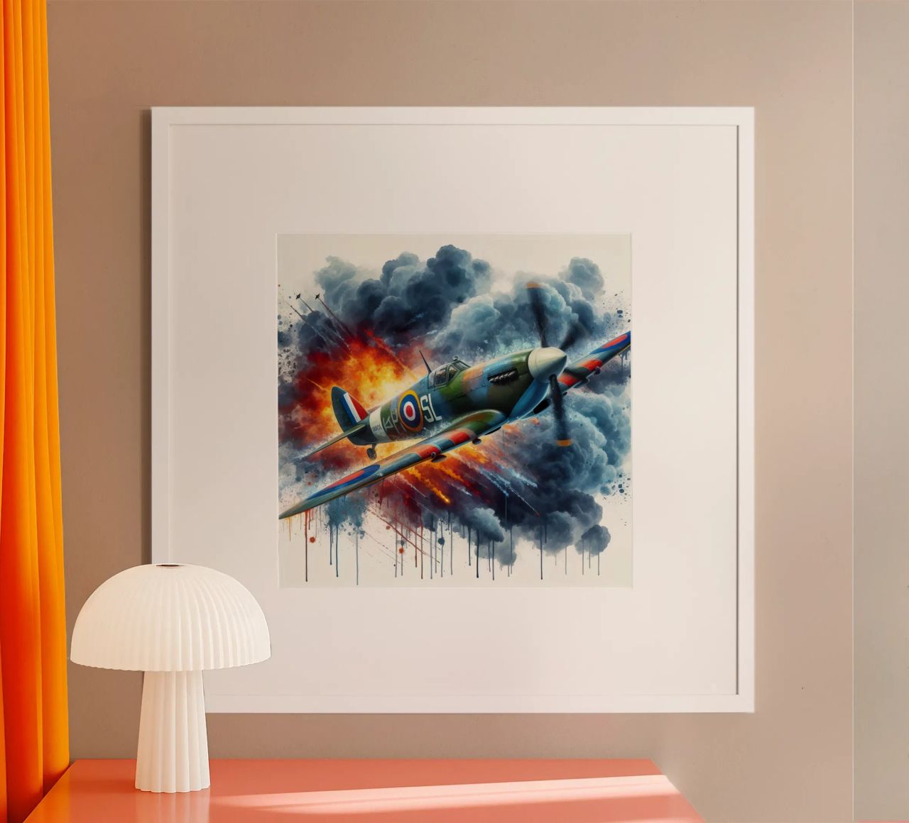 Spitfire at full speed drawn in watercolor with splashes poster by ARTVI-SHOP