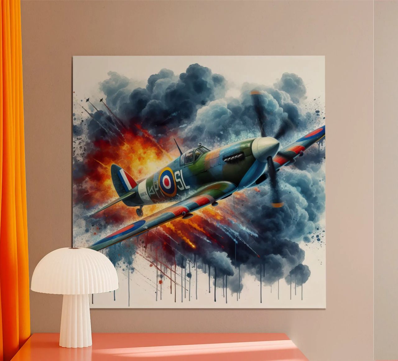 Spitfire at full speed drawn in watercolor with splashes poster by ARTVI-SHOP