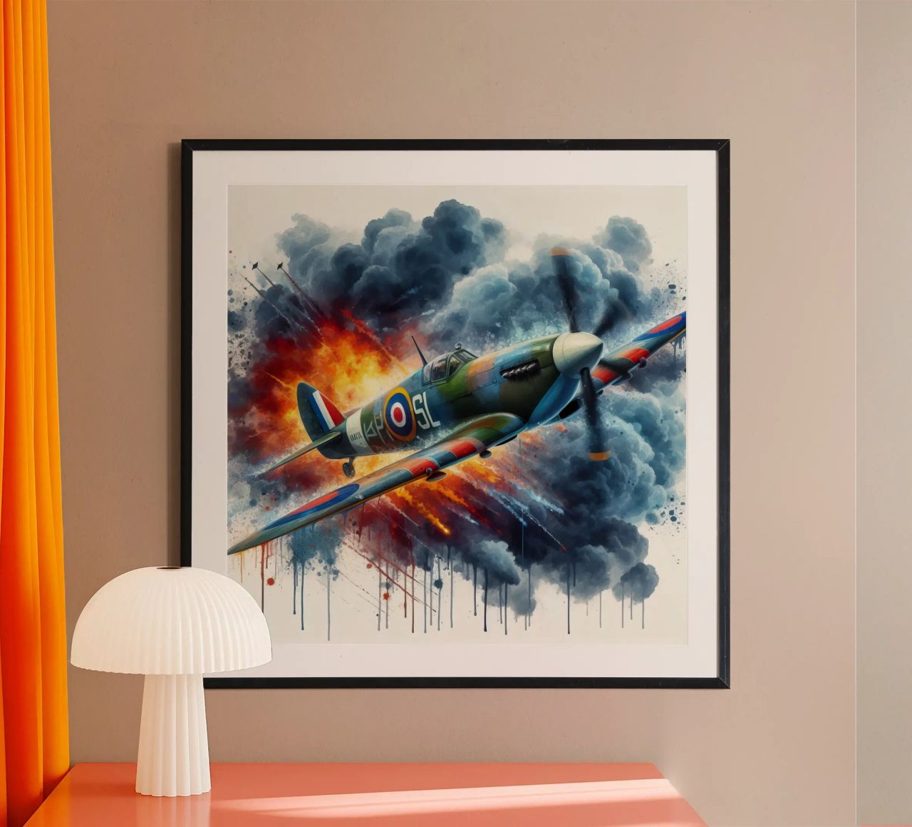 Spitfire at full speed drawn in watercolor with splashes poster by ARTVI-SHOP