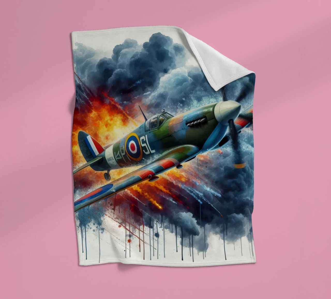 Spitfire at full speed drawn in watercolor with splashes fleece blanket by ARTVI-SHOP