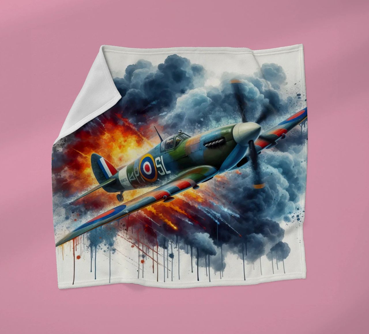 Spitfire at full speed drawn in watercolor with splashes fleece blanket by ARTVI-SHOP