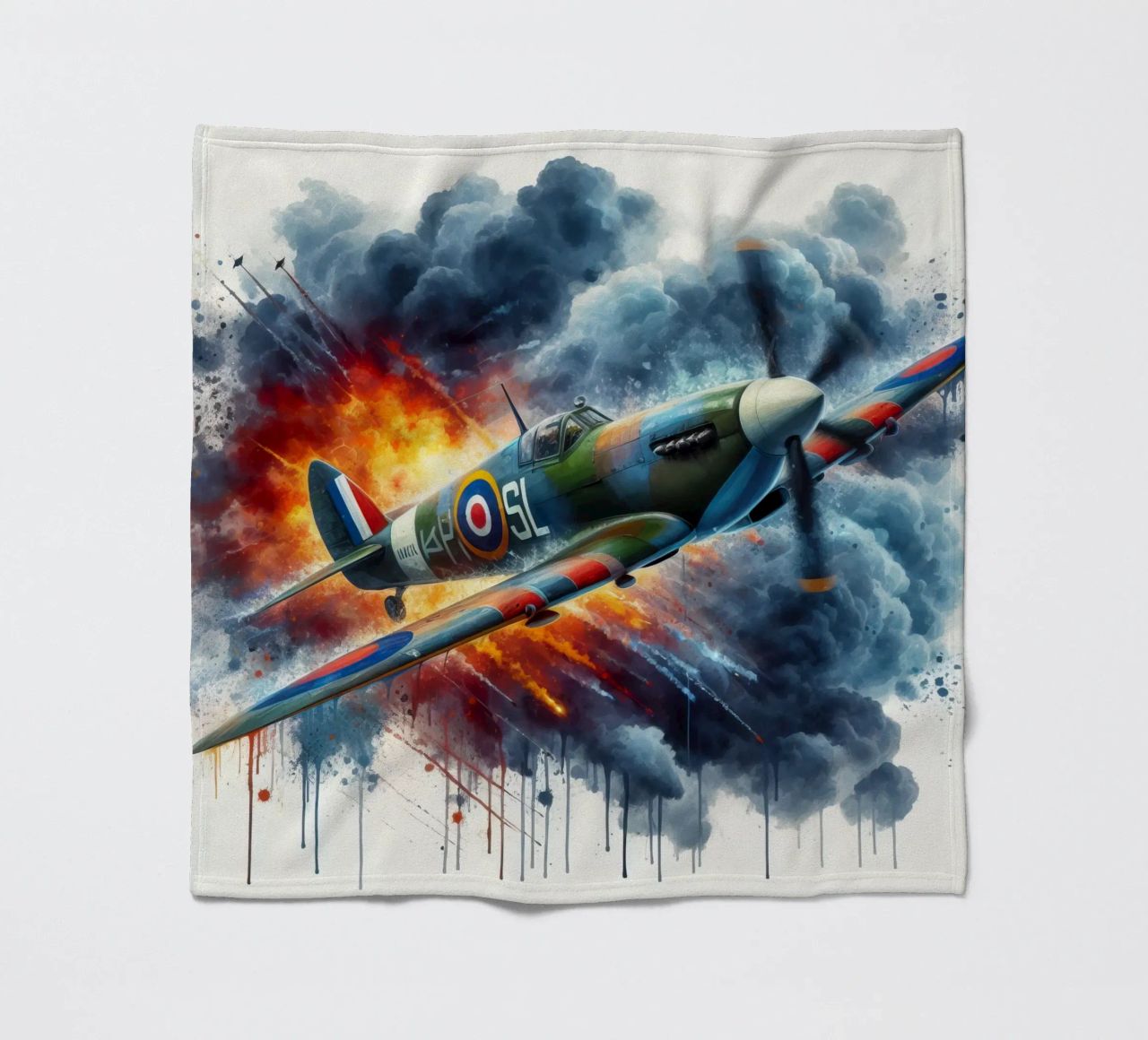 Spitfire at full speed drawn in watercolor with splashes fleece blanket by ARTVI-SHOP