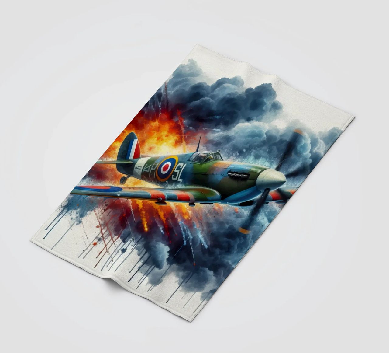 Spitfire at full speed drawn in watercolor with splashes fleece blanket by ARTVI-SHOP