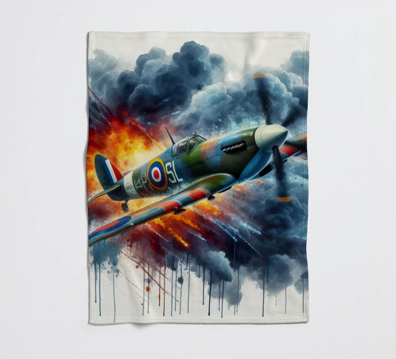Spitfire at full speed drawn in watercolor with splashes fleece blanket by ARTVI-SHOP