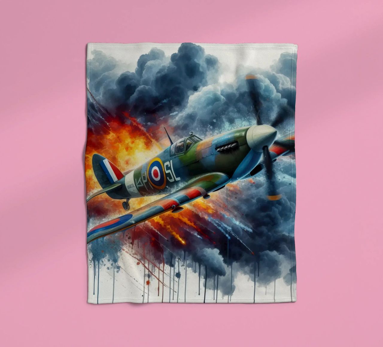 Spitfire at full speed drawn in watercolor with splashes fleece blanket by ARTVI-SHOP