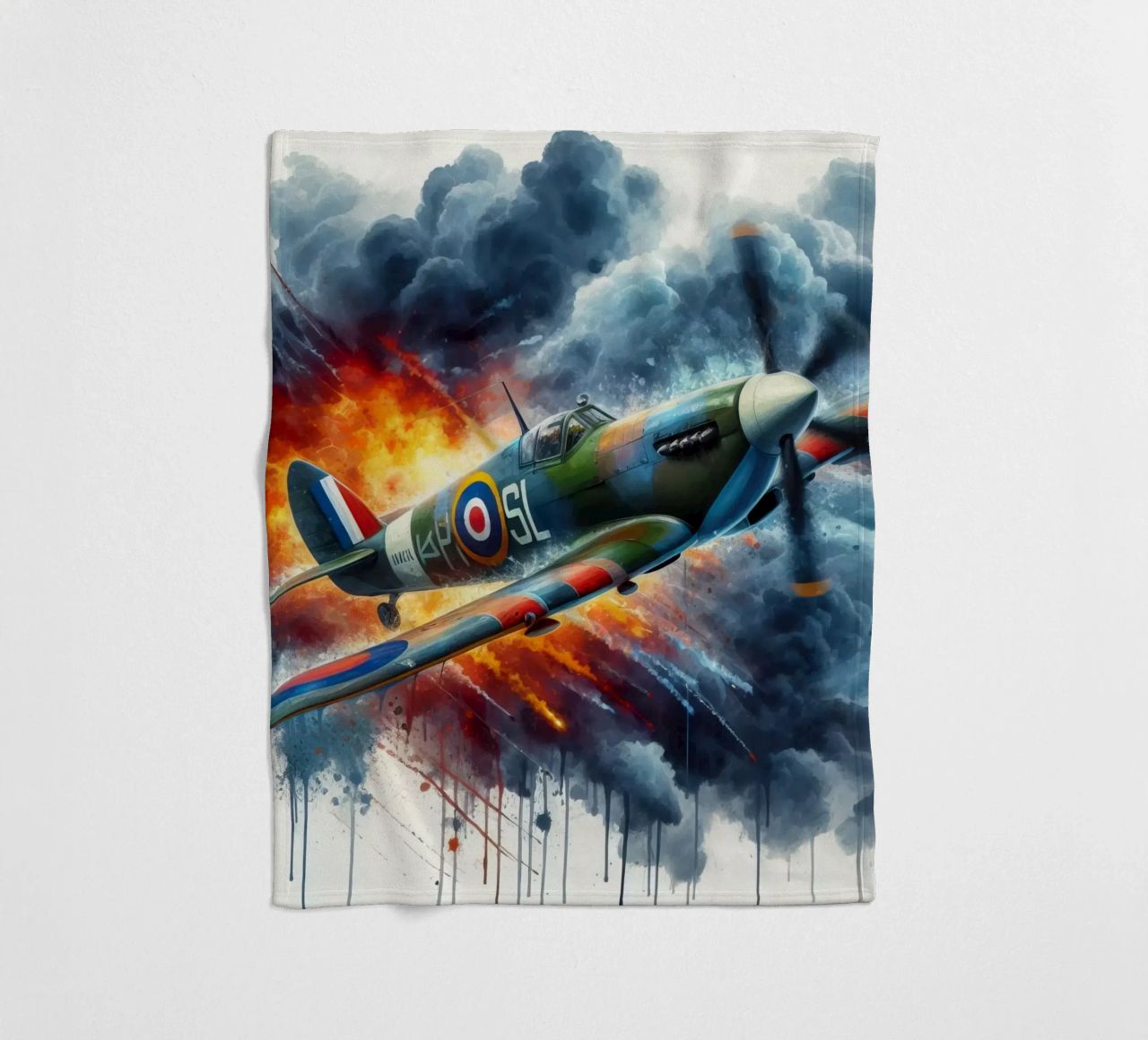 Spitfire at full speed drawn in watercolor with splashes fleece blanket by ARTVI-SHOP