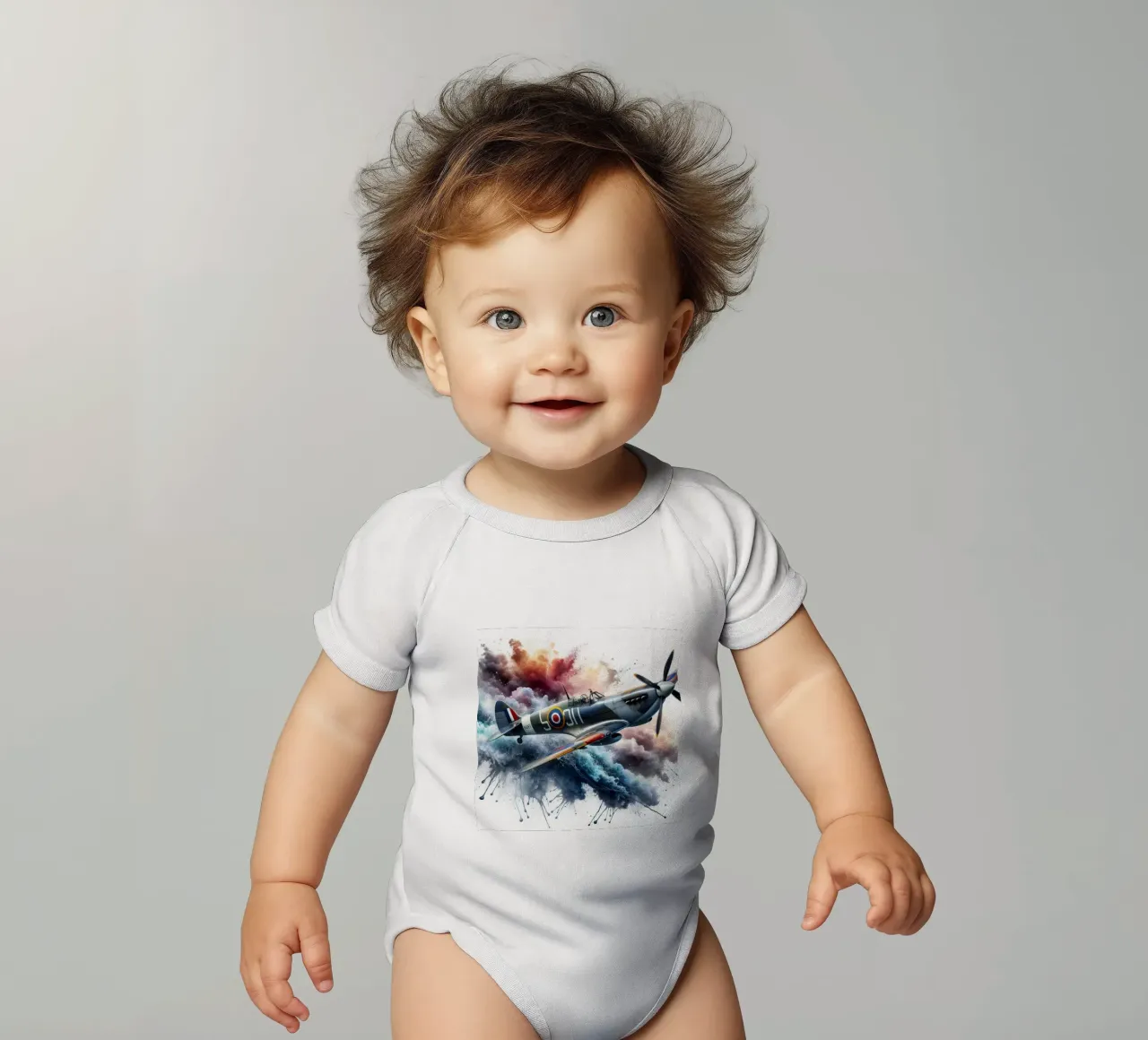 Spitfire a tutta velocità disegnato ad acquerello con schizzi body neonato maniche corte da 🎁 ARTVI-SHOP