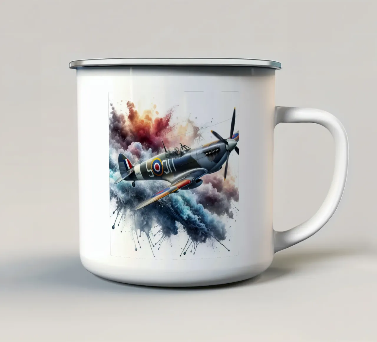 Spitfire a tutta velocità disegnato ad acquerello con schizzi tazza in smalto da ARTVI-SHOP