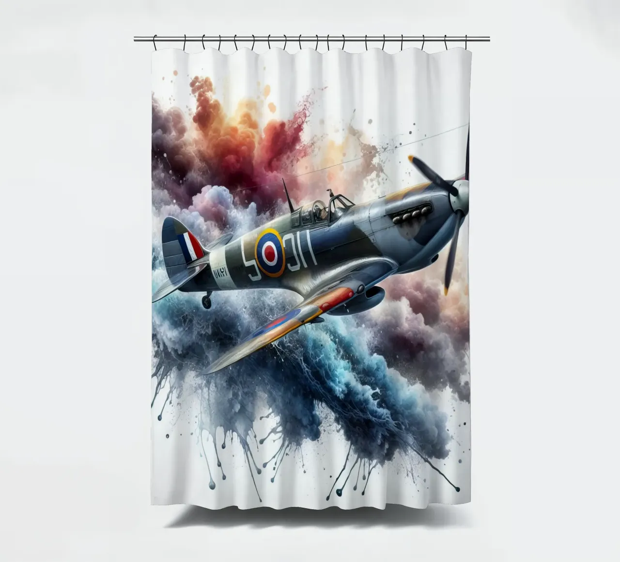 Spitfire bei voller Geschwindigkeit gezeichnet in Aquarell mit Spritzern Duschvorhang von 🎁 ARTVI-SHOP