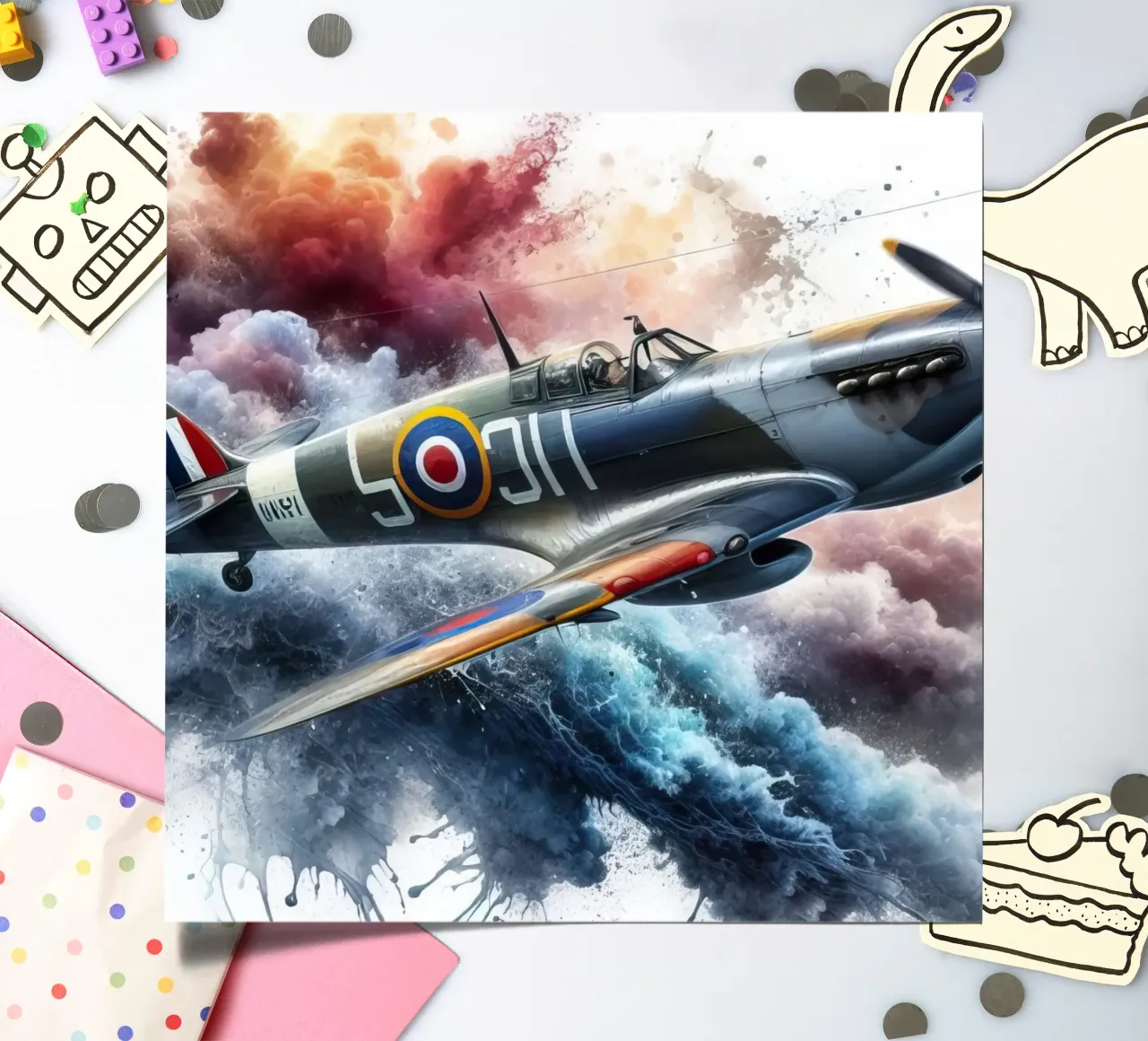 Spitfire bei voller Geschwindigkeit gezeichnet in Aquarell mit Spritzern Stickerbogen von 🎁 ARTVI-SHOP