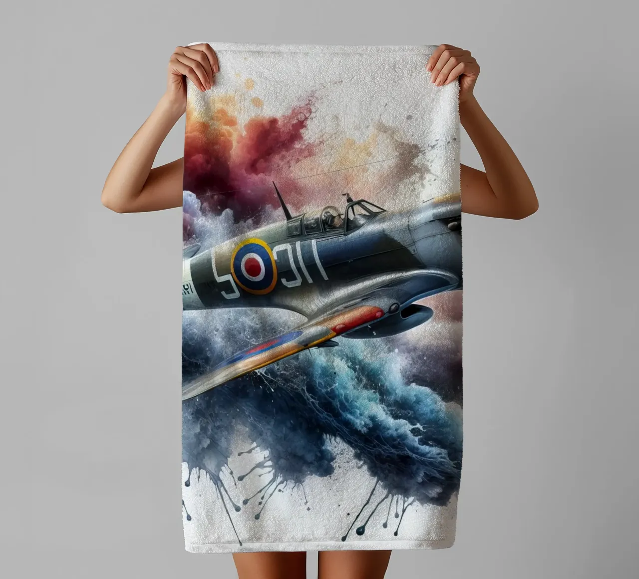 Spitfire a tutta velocità disegnato ad acquerello con schizzi asciugamano da bagno da 🎁 ARTVI-SHOP