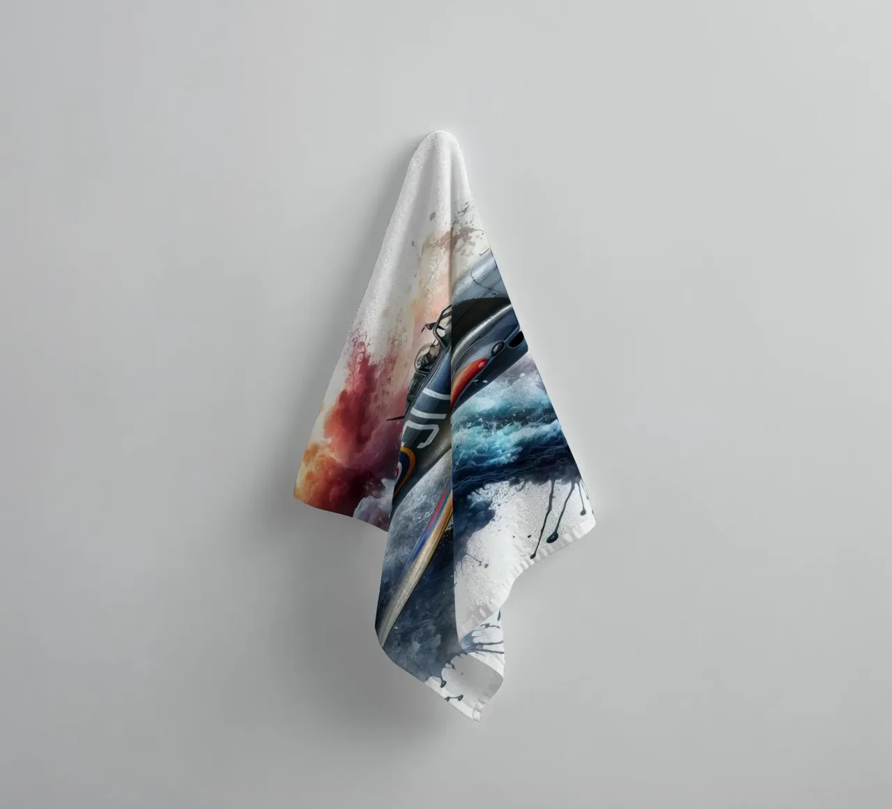 Spitfire a tutta velocità disegnato ad acquerello con schizzi asciugamano da bagno da 🎁 ARTVI-SHOP