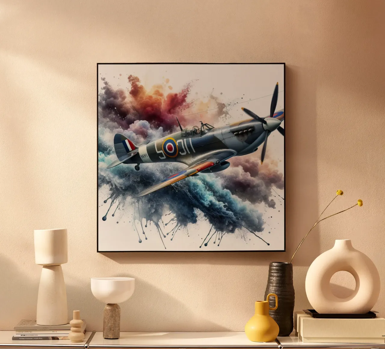 Spitfire a tutta velocità disegnato ad acquerello con schizzi alluminio dibond da 🎁 ARTVI-SHOP