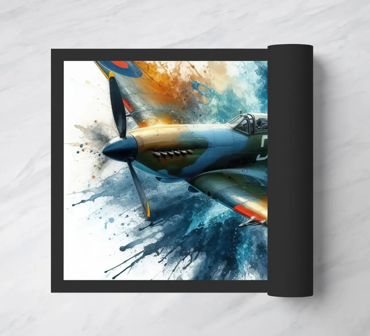 Spitfire a tutta velocità disegnato ad acquerello con schizzi zerbino da ARTVI-SHOP