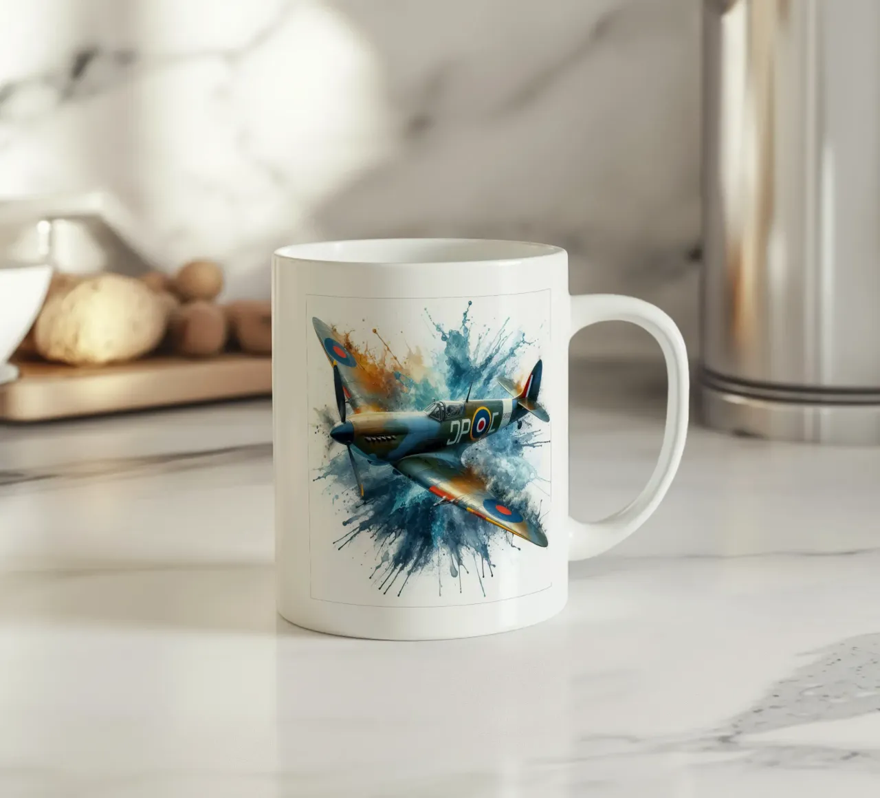Spitfire a tutta velocità disegnato ad acquerello con schizzi tazza in ceramica da ARTVI-SHOP