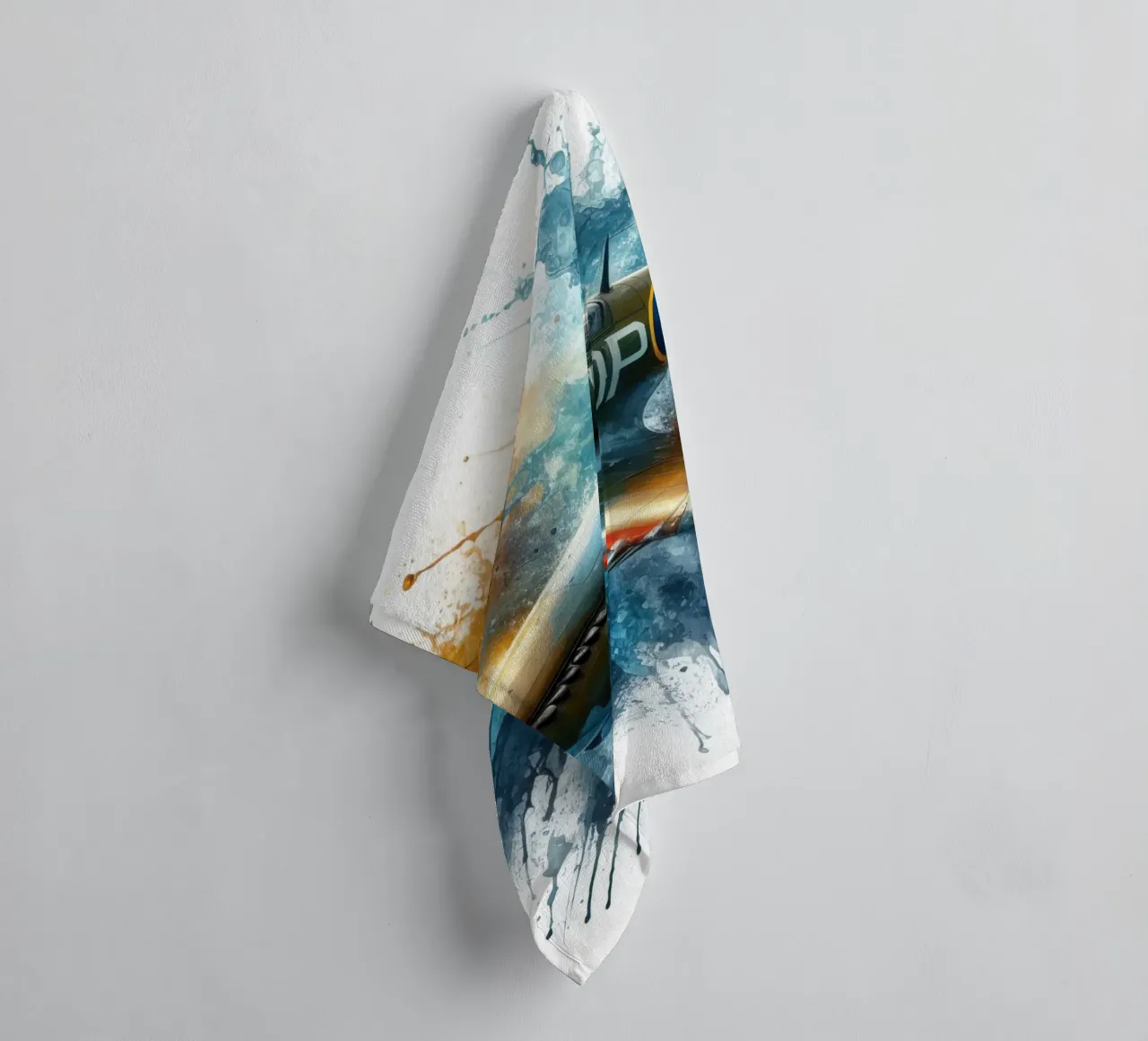 Spitfire a tutta velocità disegnato ad acquerello con schizzi asciugamano da bagno da 🎁 ARTVI-SHOP
