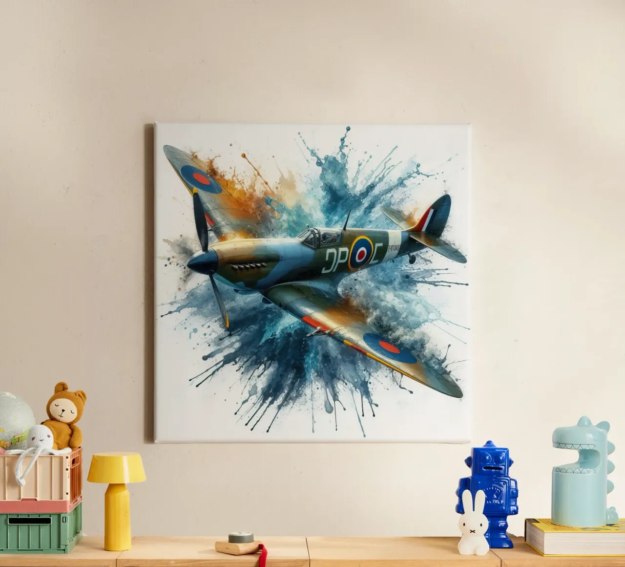 Spitfire at full speed drawn in watercolor with splashes canvas by 🎁 ARTVI-SHOP
