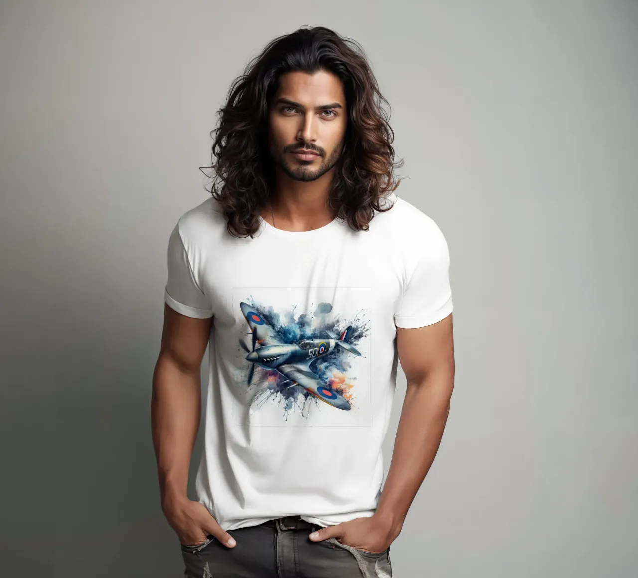 Spitfire a tutta velocità disegnato ad acquerello con schizzi t-shirt da ARTVI-SHOP