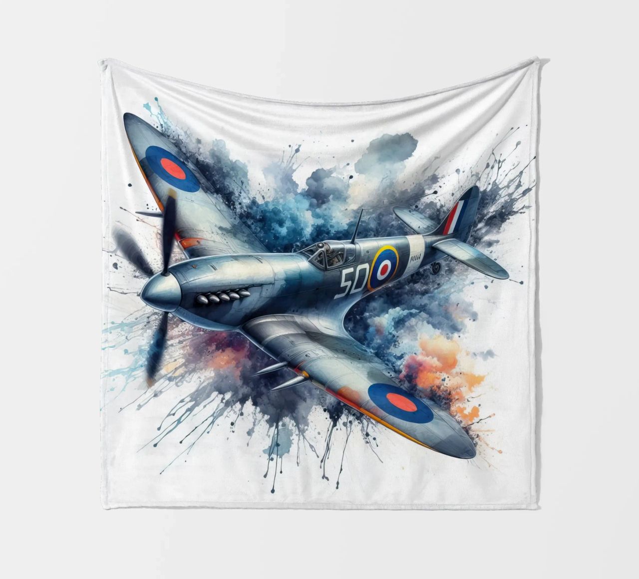 Spitfire at full speed drawn in watercolor with splashes fleece blanket by ARTVI-SHOP