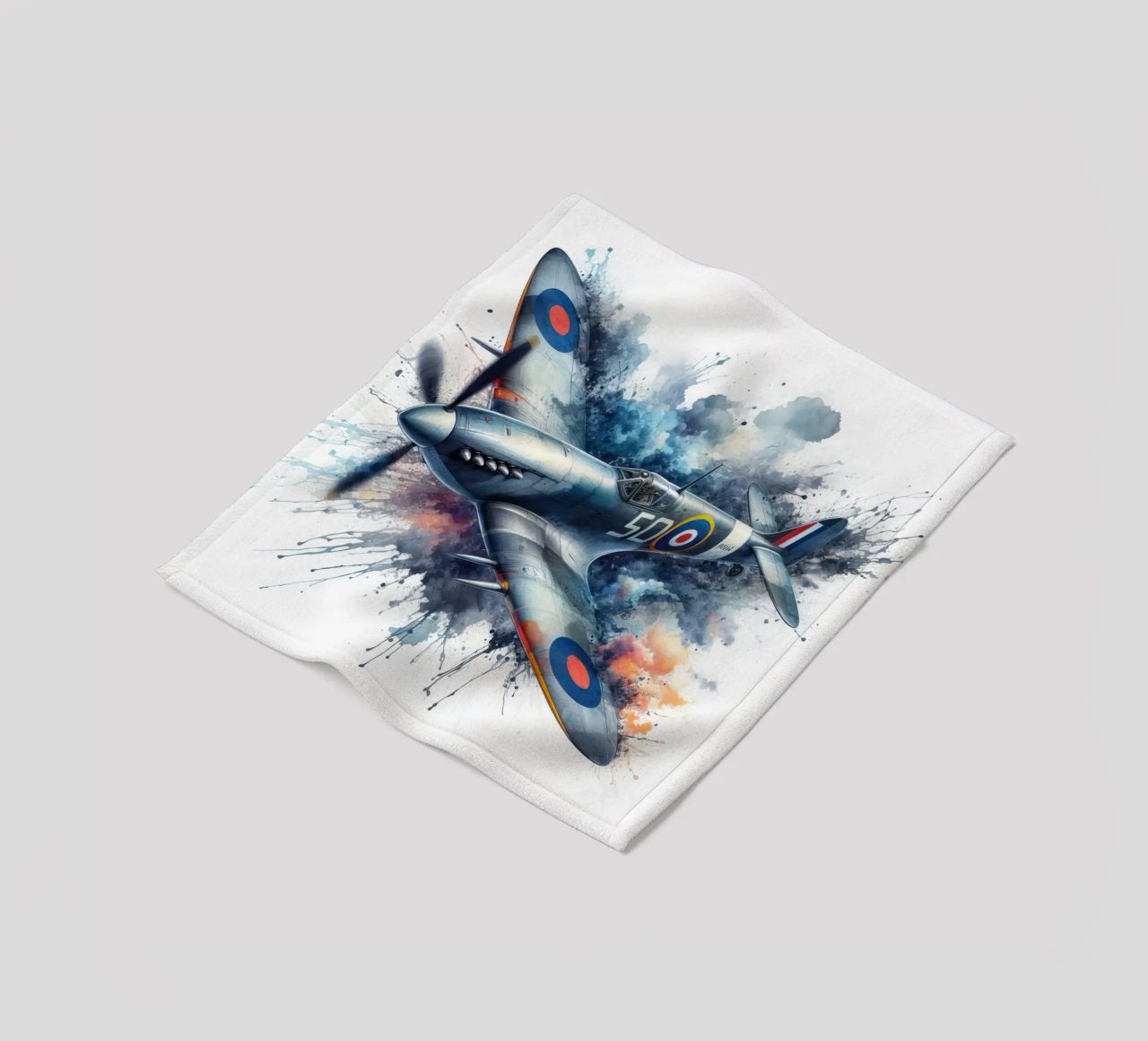 Spitfire at full speed drawn in watercolor with splashes fleece blanket by ARTVI-SHOP