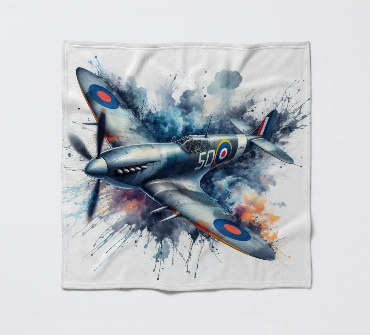 Spitfire at full speed drawn in watercolor with splashes fleece blanket by ARTVI-SHOP