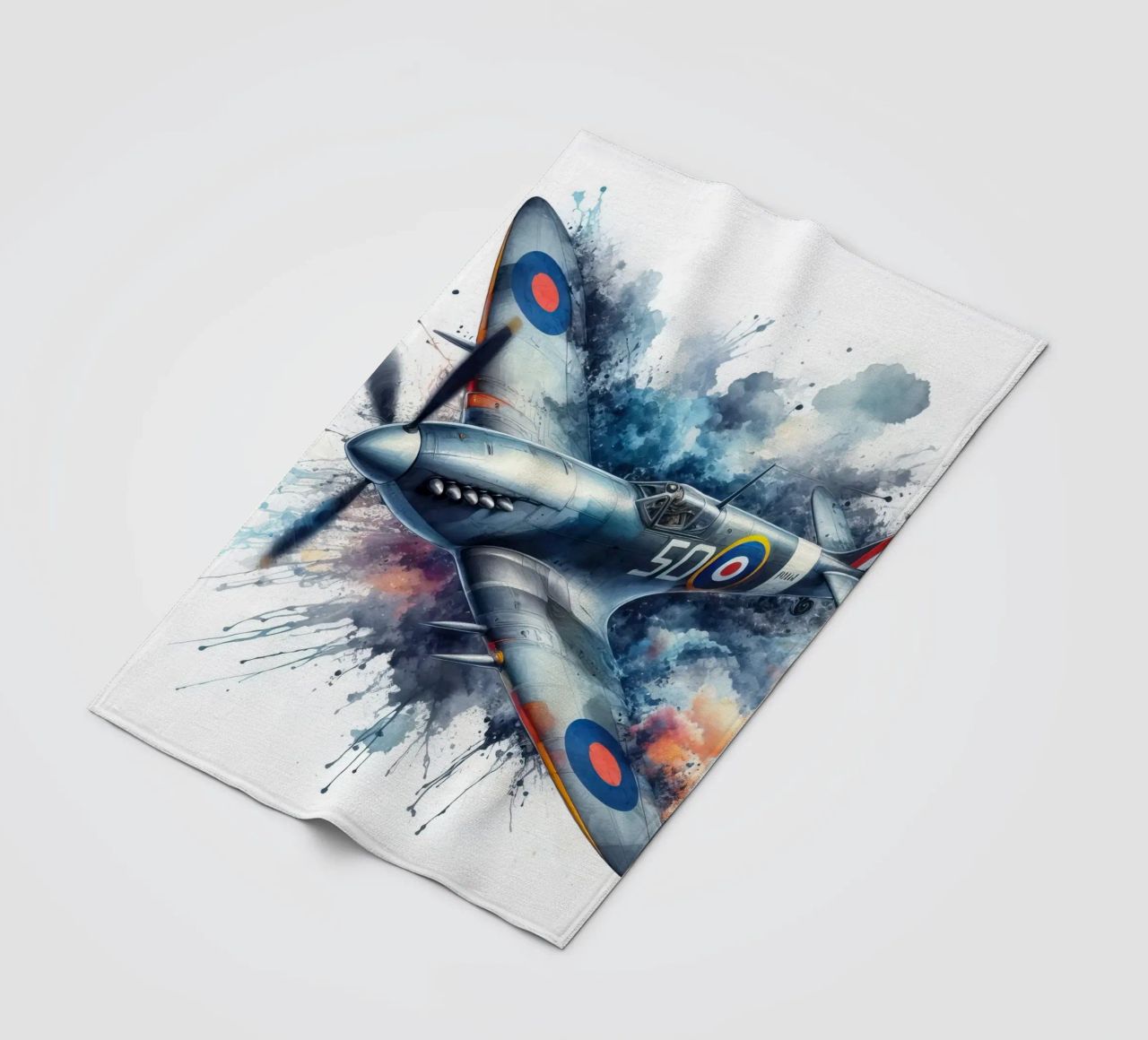 Spitfire at full speed drawn in watercolor with splashes fleece blanket by ARTVI-SHOP