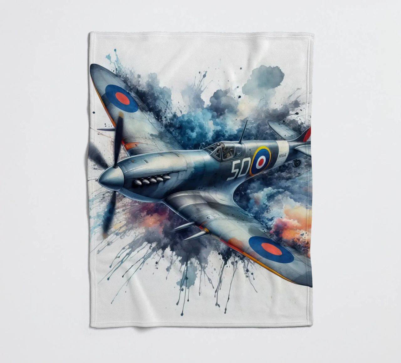 Spitfire at full speed drawn in watercolor with splashes fleece blanket by ARTVI-SHOP