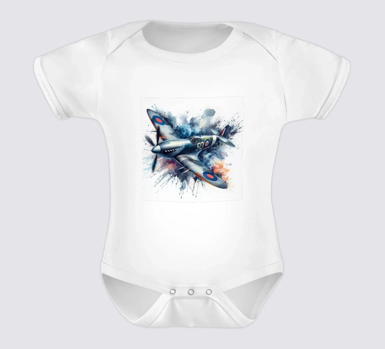 Spitfire at full speed drawn in watercolor with splashes short-sleeve baby romper by ARTVI-SHOP