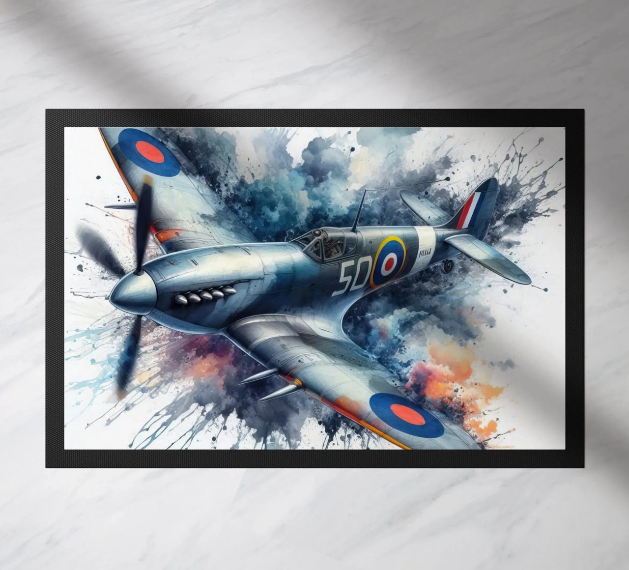 Spitfire at full speed drawn in watercolor with splashes doormat by ARTVI-SHOP