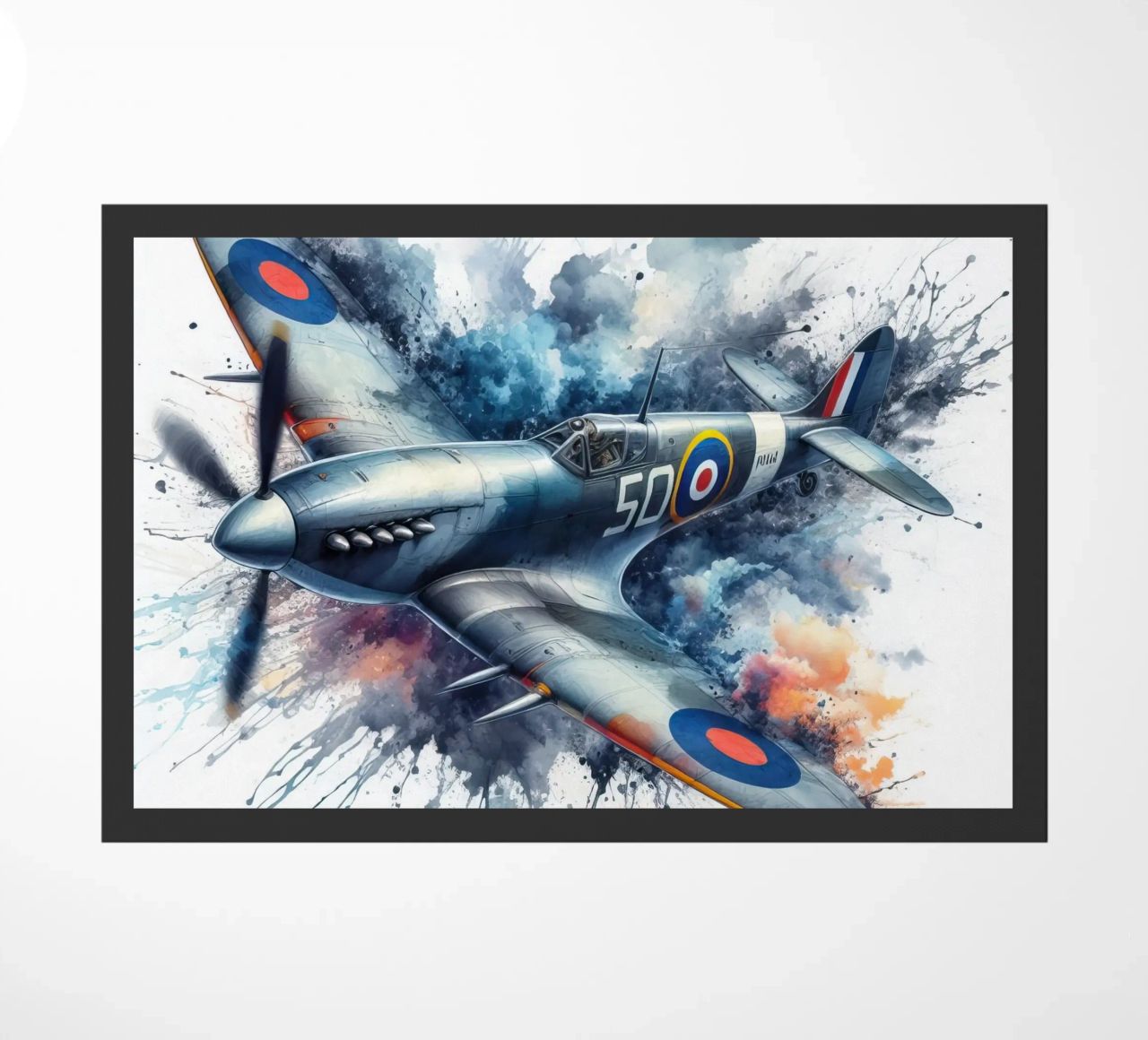 Spitfire at full speed drawn in watercolor with splashes doormat by ARTVI-SHOP