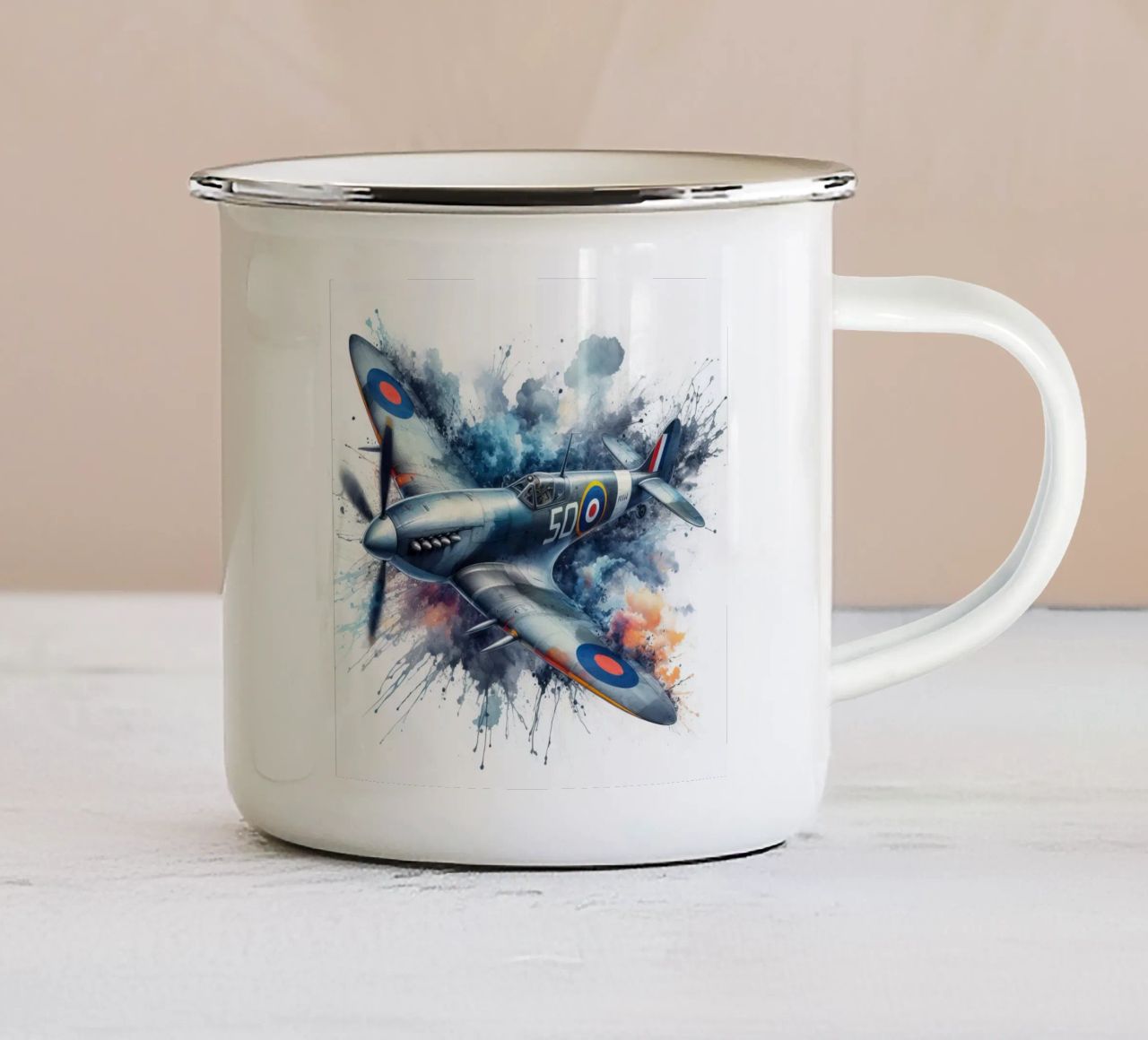 Spitfire at full speed drawn in watercolor with splashes enamel mug by ARTVI-SHOP