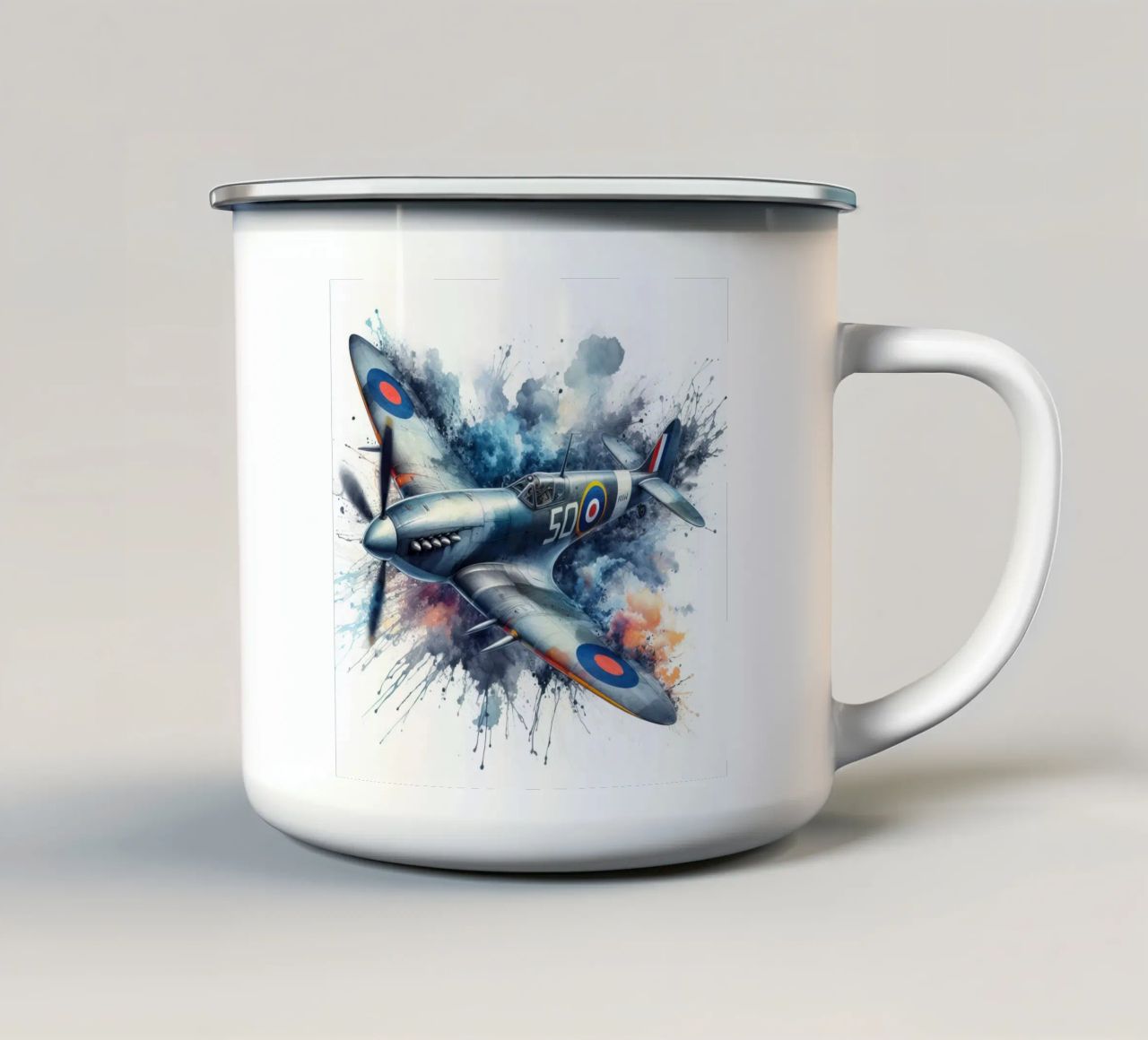 Spitfire at full speed drawn in watercolor with splashes enamel mug by ARTVI-SHOP