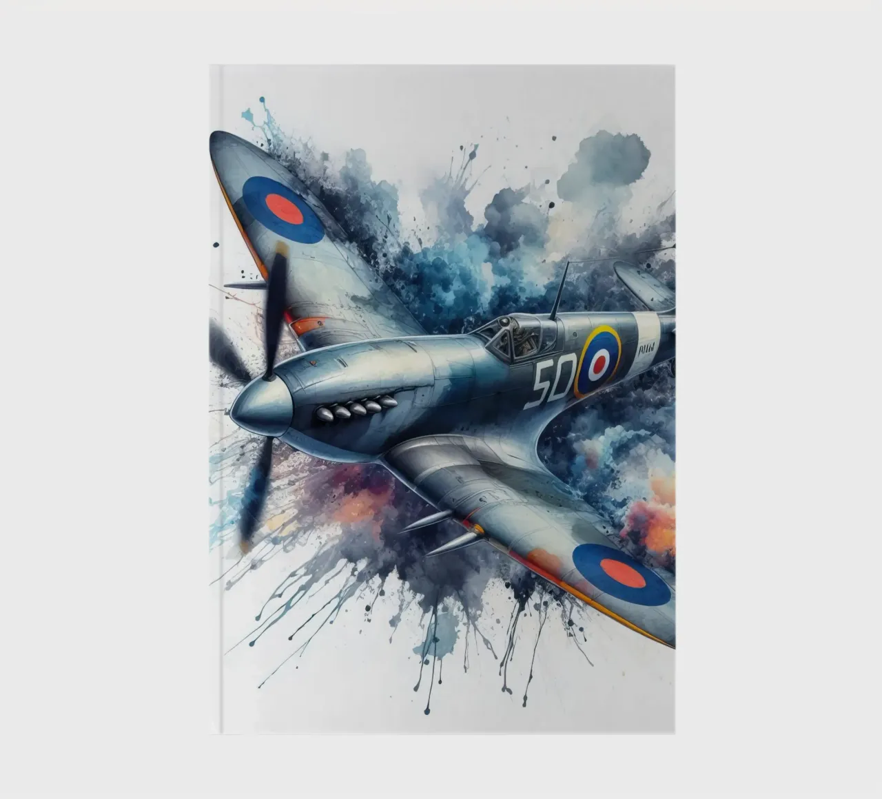 Spitfire op volle snelheid getekend in aquarel met spetters notitieboek van ARTVI-SHOP