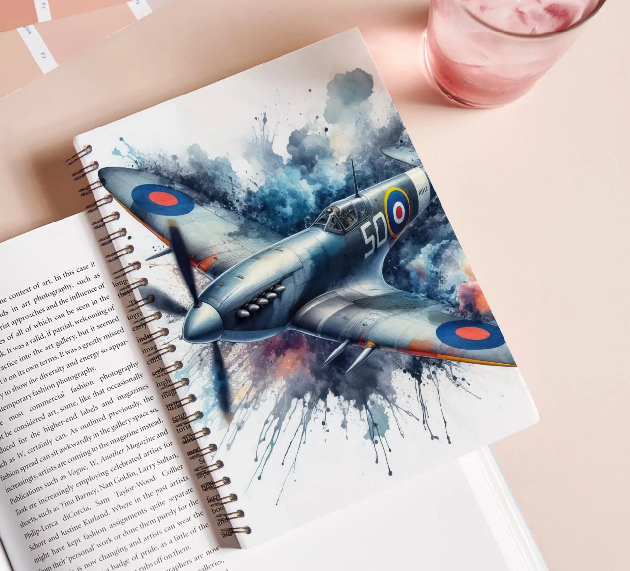 Spitfire at full speed drawn in watercolor with splashes spiral notebook by ARTVI-SHOP
