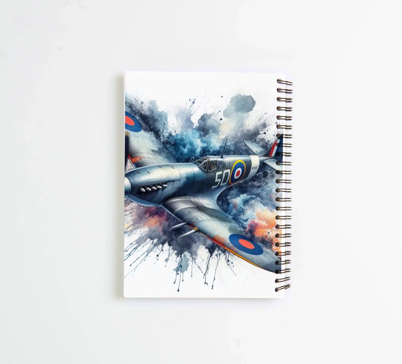 Spitfire at full speed drawn in watercolor with splashes spiral notebook by ARTVI-SHOP