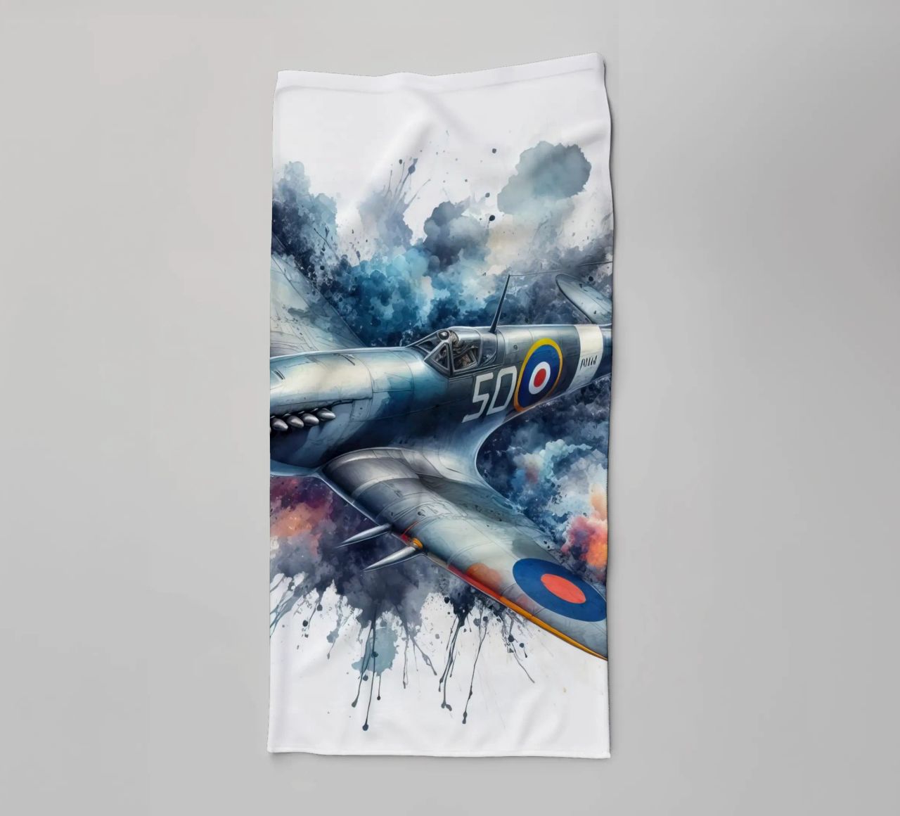 Spitfire at full speed drawn in watercolor with splashes towel by ARTVI-SHOP