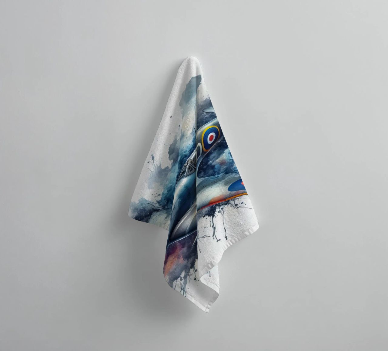 Spitfire at full speed drawn in watercolor with splashes towel by ARTVI-SHOP