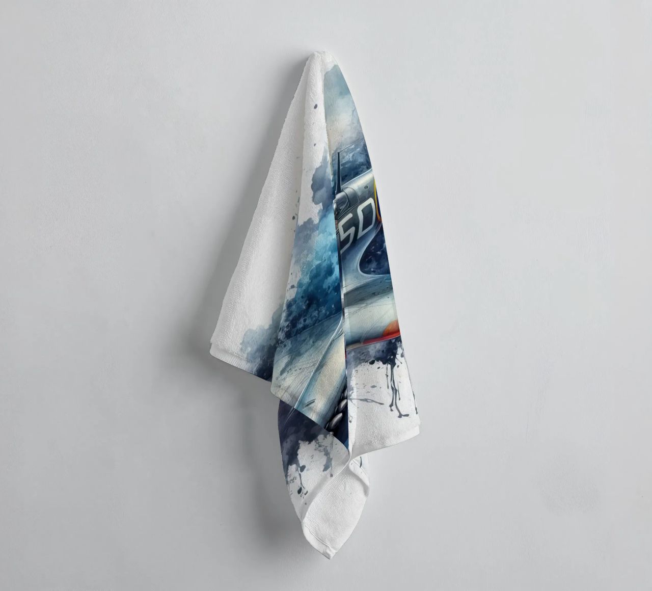 Spitfire at full speed drawn in watercolor with splashes towel by ARTVI-SHOP
