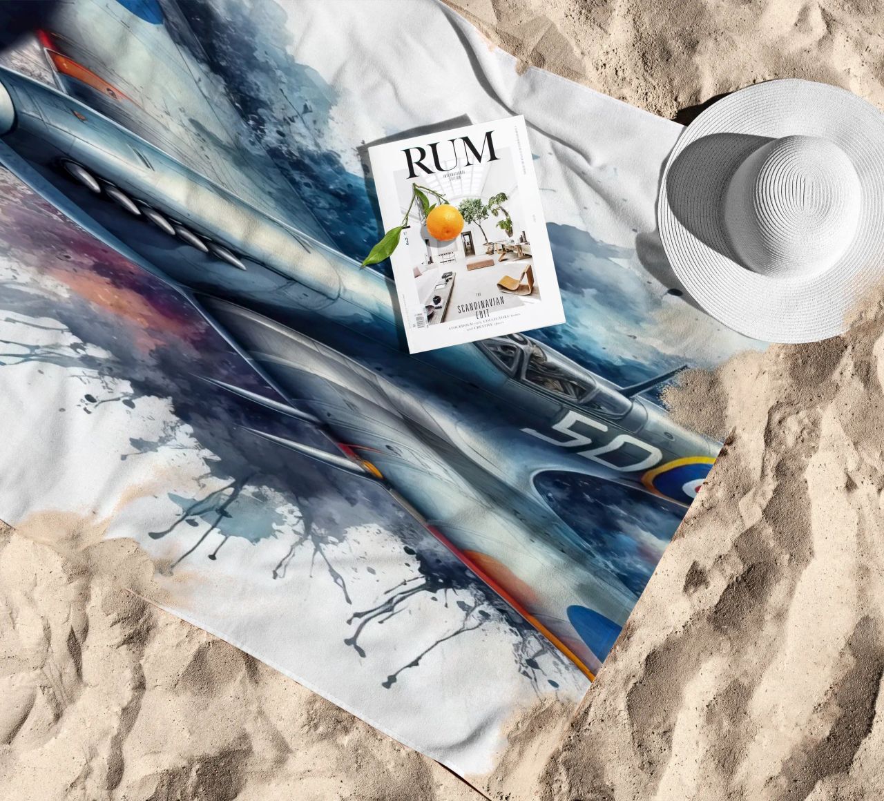 Spitfire at full speed drawn in watercolor with splashes beach towel by ARTVI-SHOP