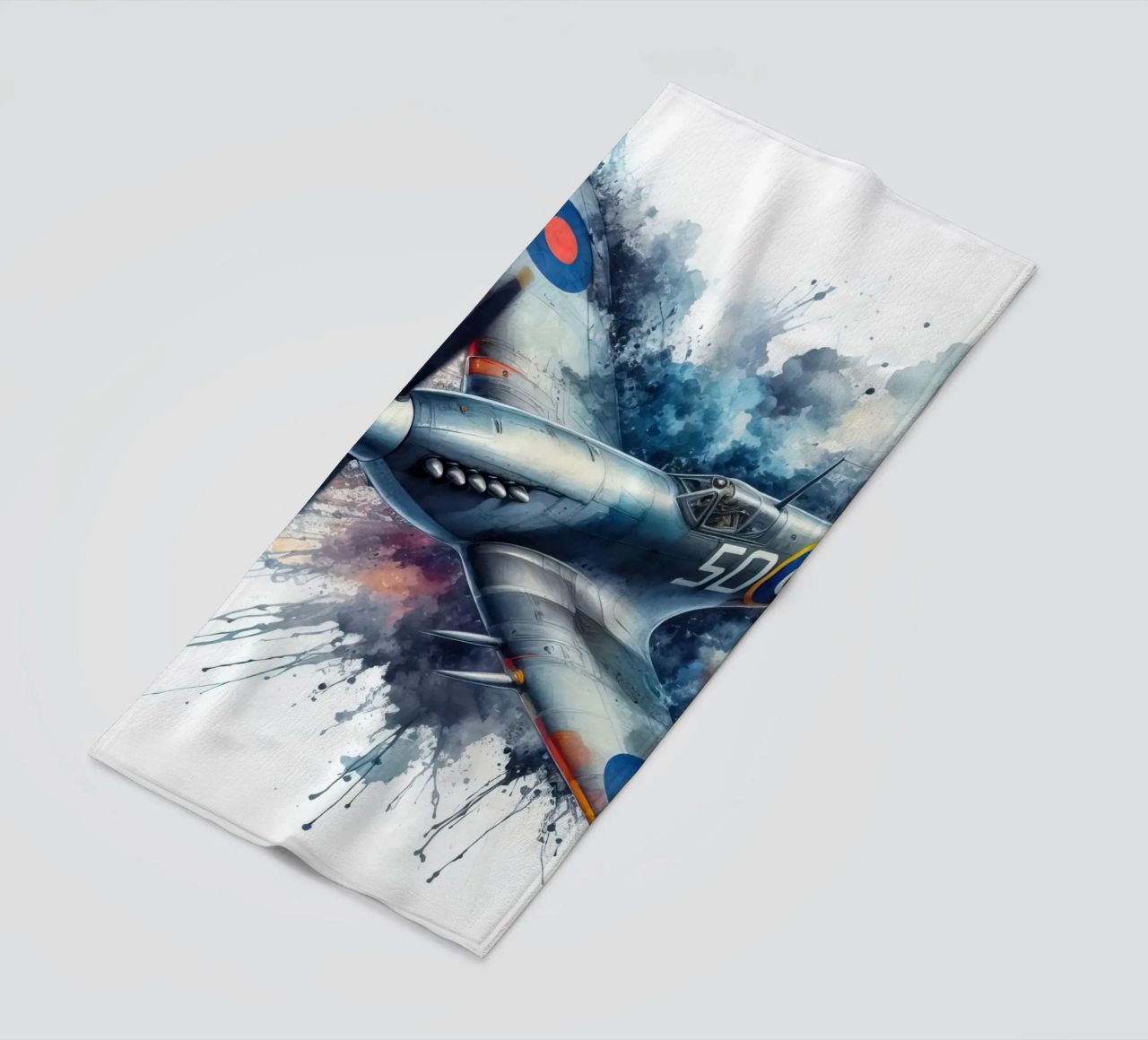 Spitfire at full speed drawn in watercolor with splashes beach towel by ARTVI-SHOP