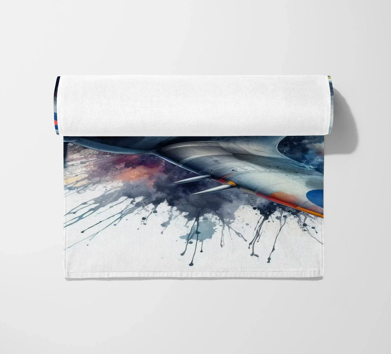 Spitfire at full speed drawn in watercolor with splashes beach towel by ARTVI-SHOP