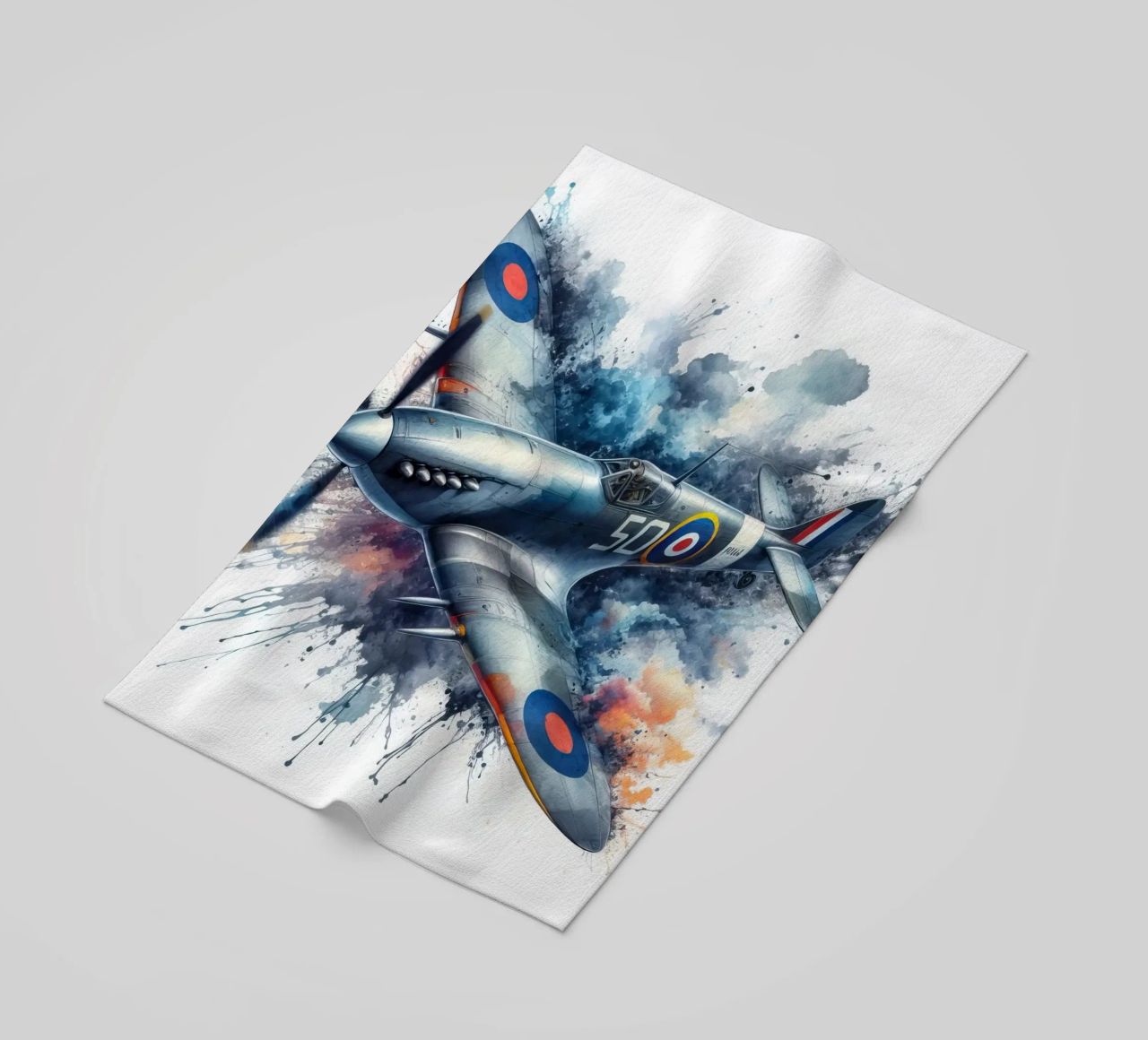 Spitfire at full speed drawn in watercolor with splashes beach towel by ARTVI-SHOP