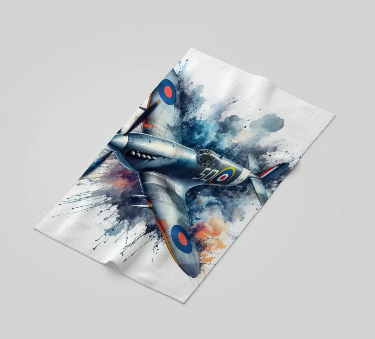 Spitfire a tutta velocità disegnato ad acquerello con schizzi telo mare da ARTVI-SHOP