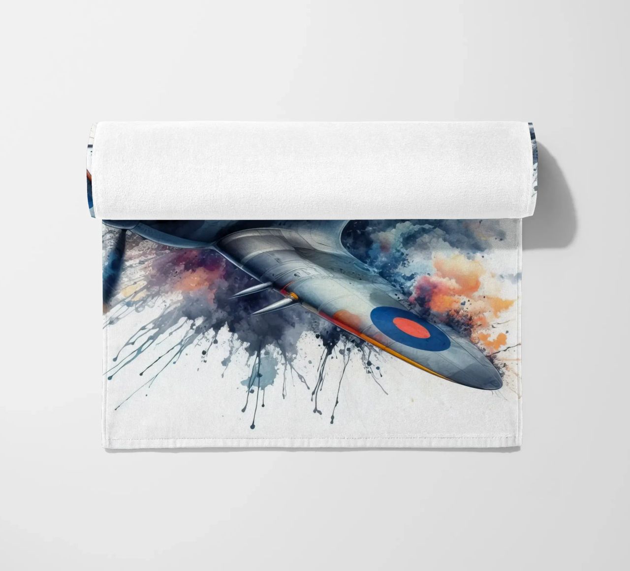 Spitfire at full speed drawn in watercolor with splashes beach towel by ARTVI-SHOP