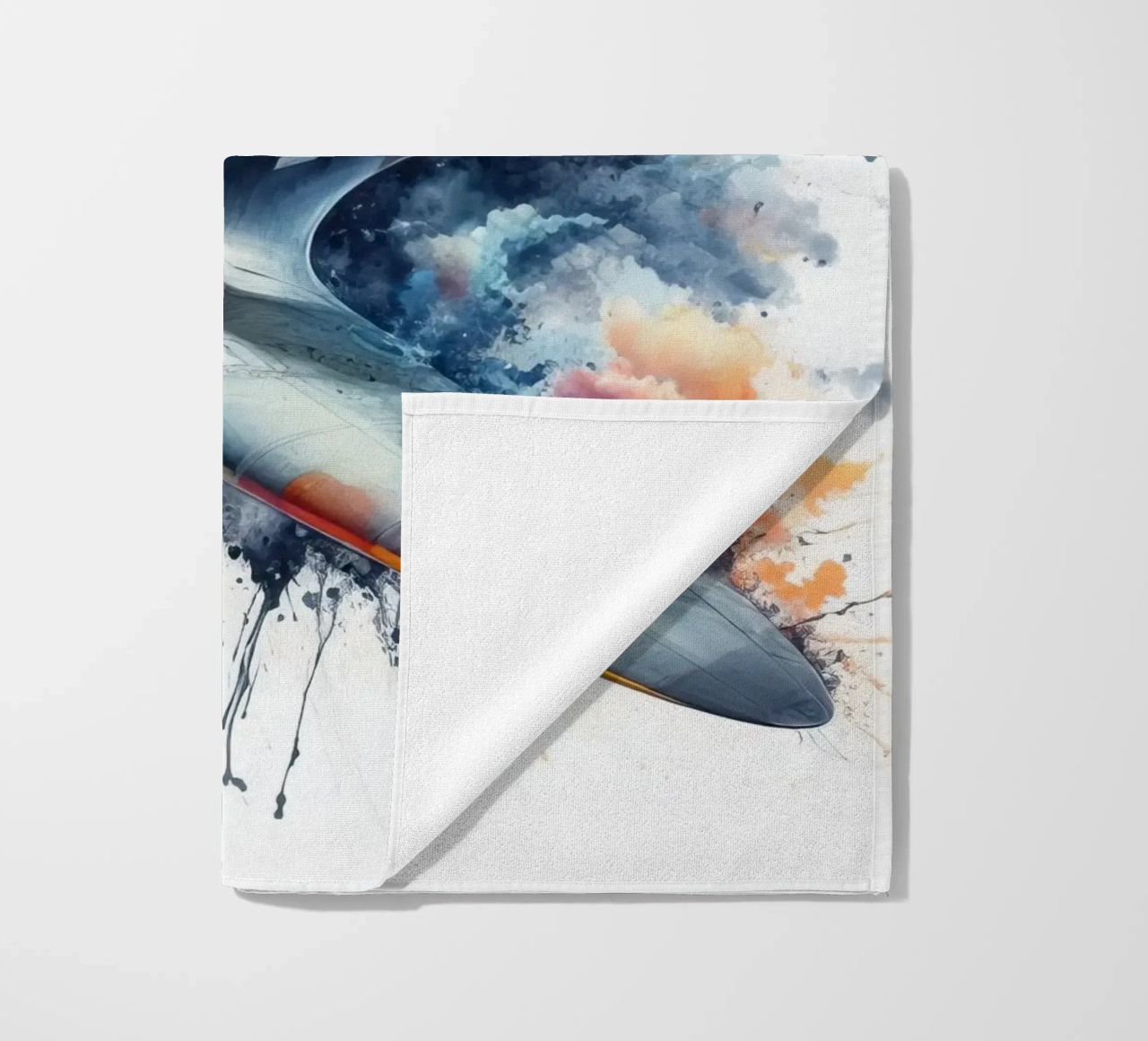 Spitfire at full speed drawn in watercolor with splashes beach towel by ARTVI-SHOP