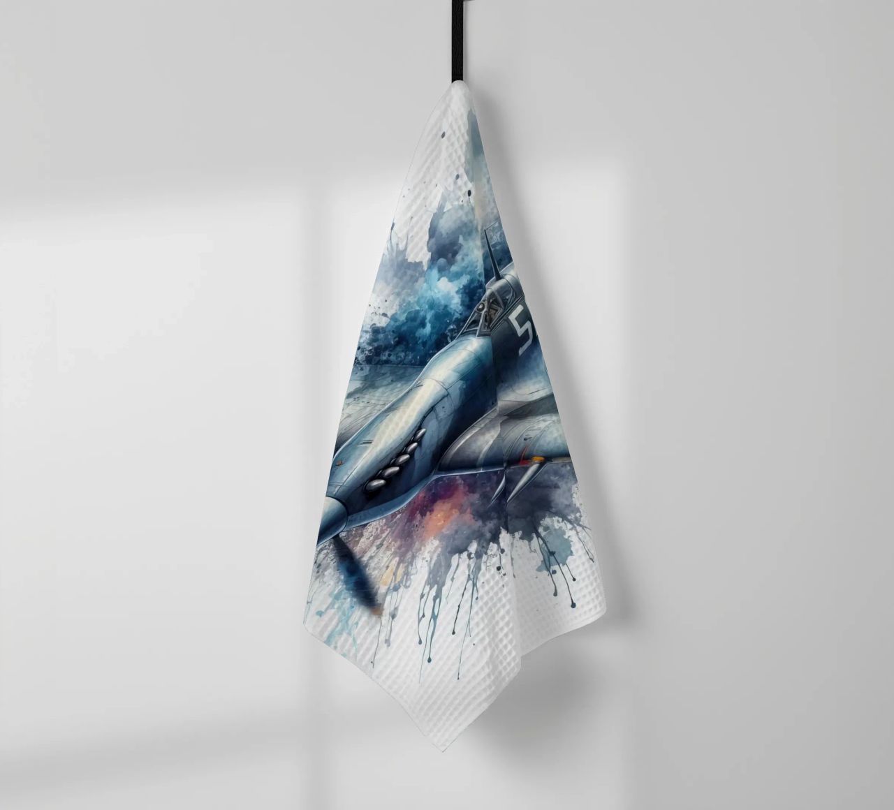 Spitfire at full speed drawn in watercolor with splashes tea towel by ARTVI-SHOP