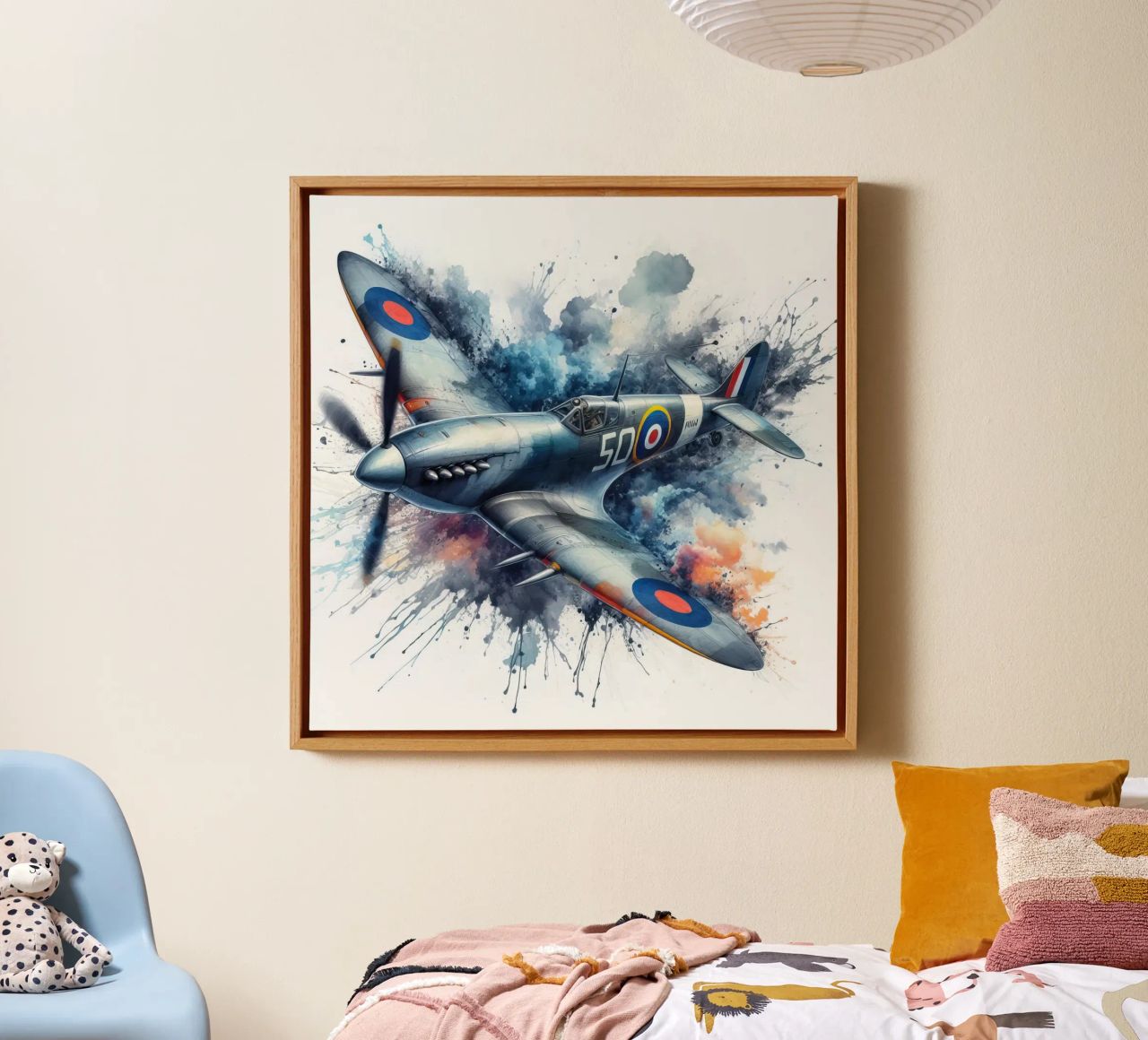 Spitfire at full speed drawn in watercolor with splashes canvas by ARTVI-SHOP
